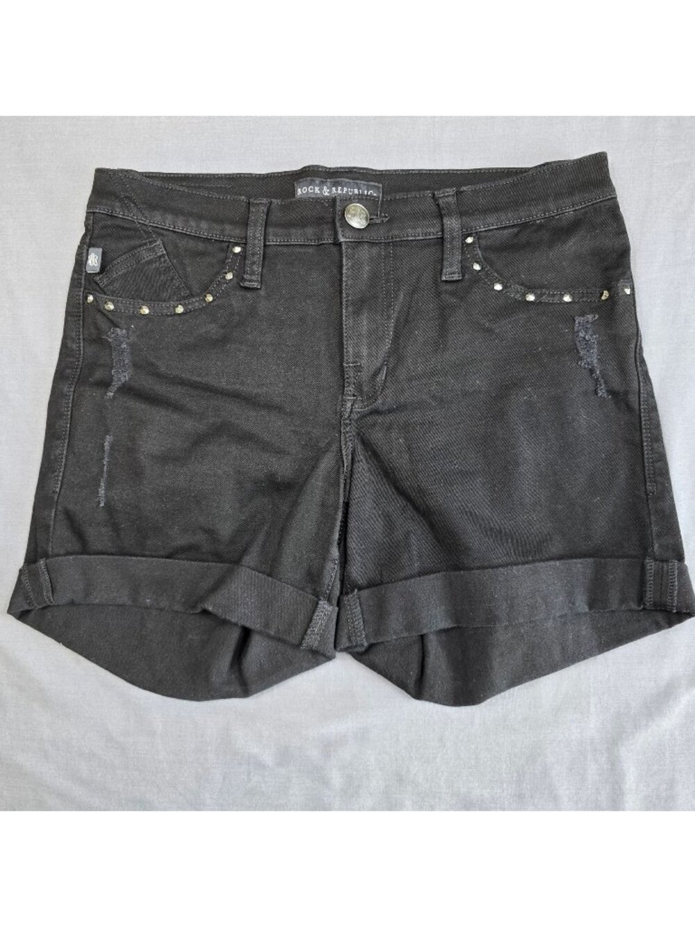Rock & Republic Womens Black Denim Shorts Size 10 Studded Pockets Cuffed Hems